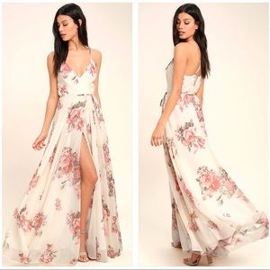 Lulus Cream Floral Print Wrap Maxi Dress